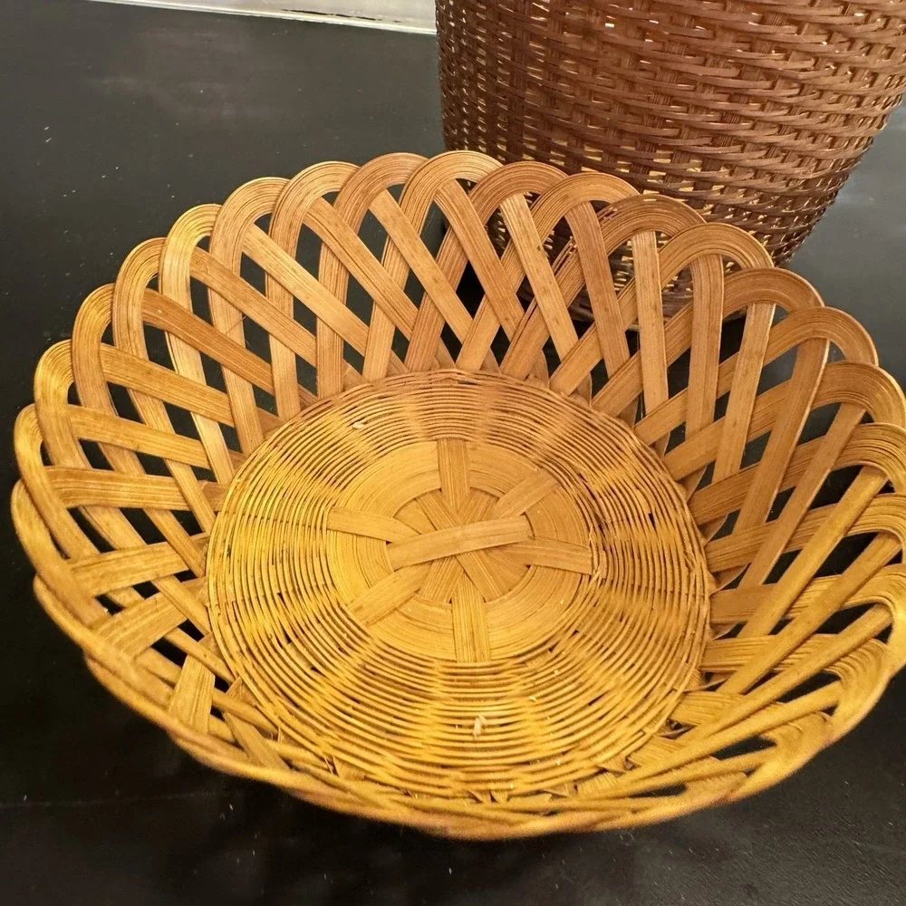 Three Vintage  Bamboo And Rattan Baskets Cottage Core Farmhouse Decor‎